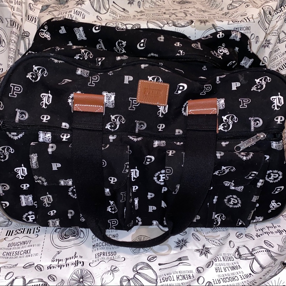 VS PINK Black and White Large Luggage with Wheels